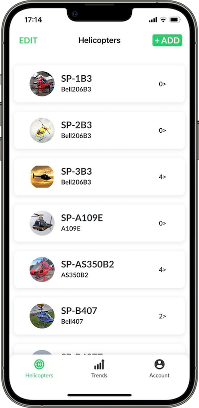 iPhone app screen containing your helicopters fleet