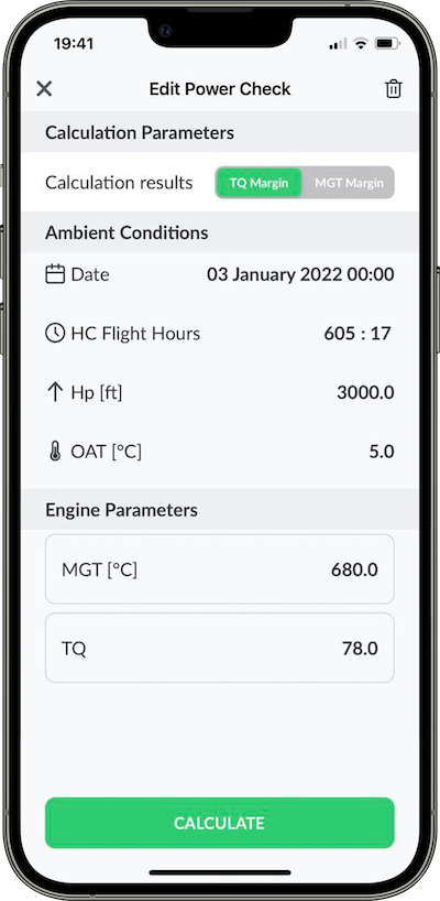 iPhone app screen containing power check calculation