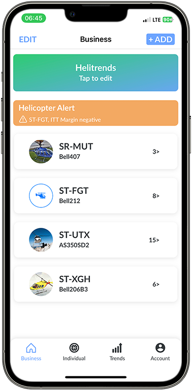 iPhone app screen containing your helicopters fleet