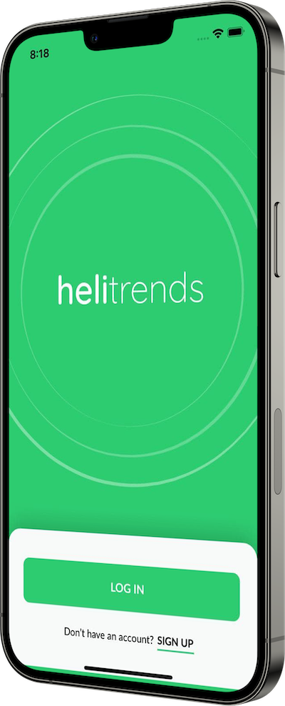 Helitrends mobile application displayed on iPhone 13 Pro